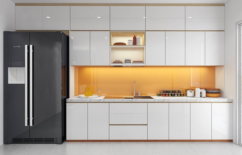 Mẫu 1: Tủ bếp cánh kính chữ I màu trắng