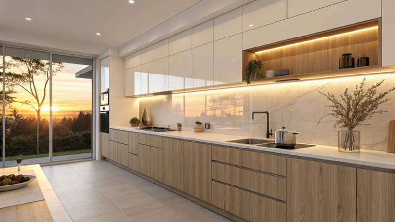 Mẫu 10: Mẫu tủ bếp thùng inox cánh kính vân khói