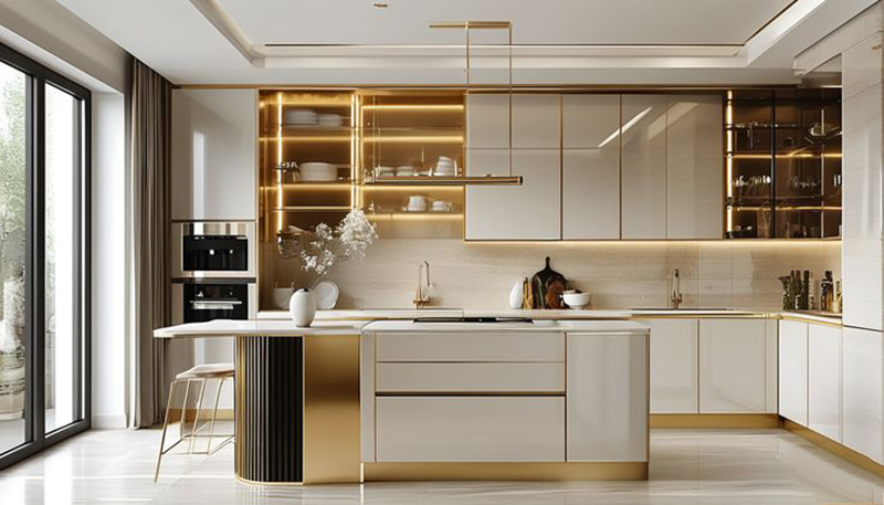 Mẫu 11: Mẫu tủ bếp cánh kính kết hợp đèn LED