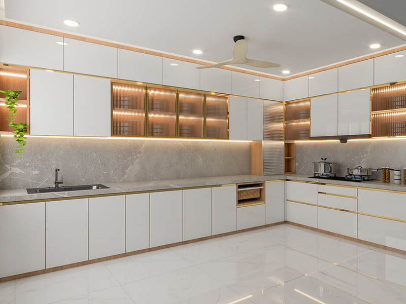 Mẫu 12: Mẫu tủ bếp cánh kính trên, tủ dưới kín