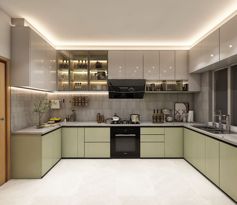 Mẫu 15: Mẫu tủ bếp cánh kính mờ