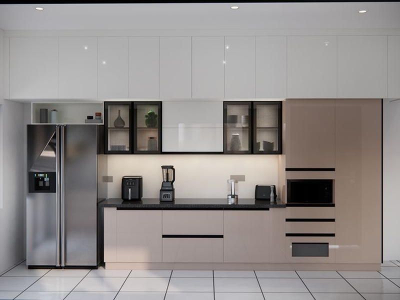 Mẫu 2: Mẫu tủ bếp chữ I khung nhôm đen