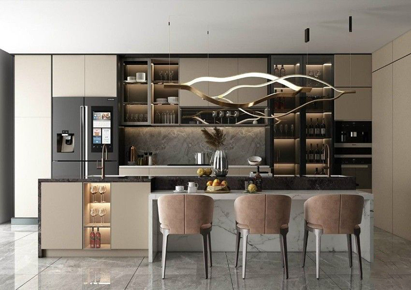 Mẫu 20: Mẫu thiết kế tủ bếp cánh kính tone be