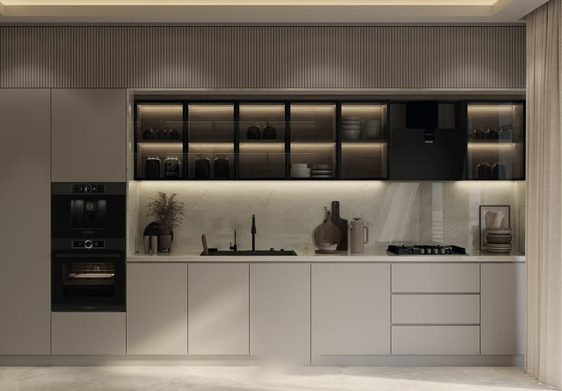 Mẫu 22: Mẫu thiết kế tủ bếp thùng inox cánh kính chữ I