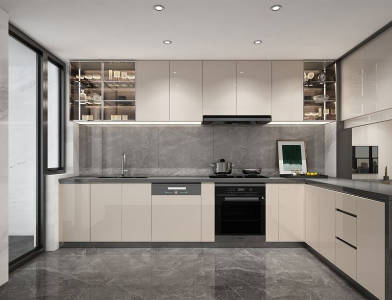 Mẫu 23: Mẫu thiết kế tủ bếp thùng inox cánh kính chữ L