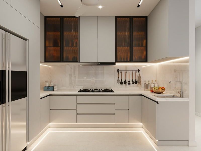 Mẫu 24: Mẫu tủ bếp cánh kính kết hợp máy rửa bát âm tủ