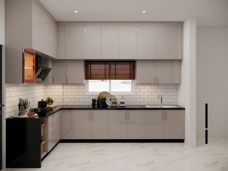 Mẫu 3: Mẫu tủ bếp cánh kính chữ L tone ghi sáng