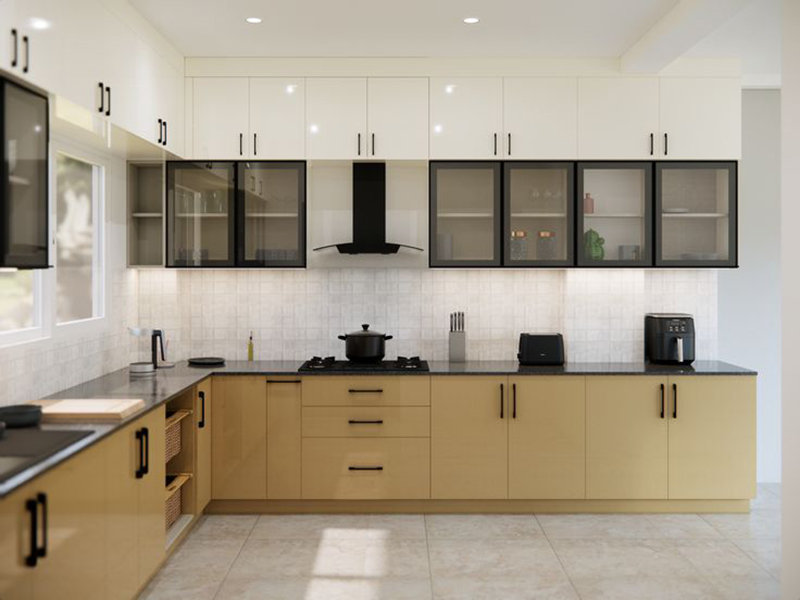 Mẫu 4: Mẫu tủ bếp chữ L kết hợp tủ cao