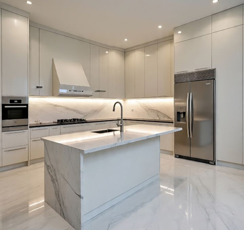 Mẫu 6: Mẫu tủ bếp cánh kính có đảo bếp