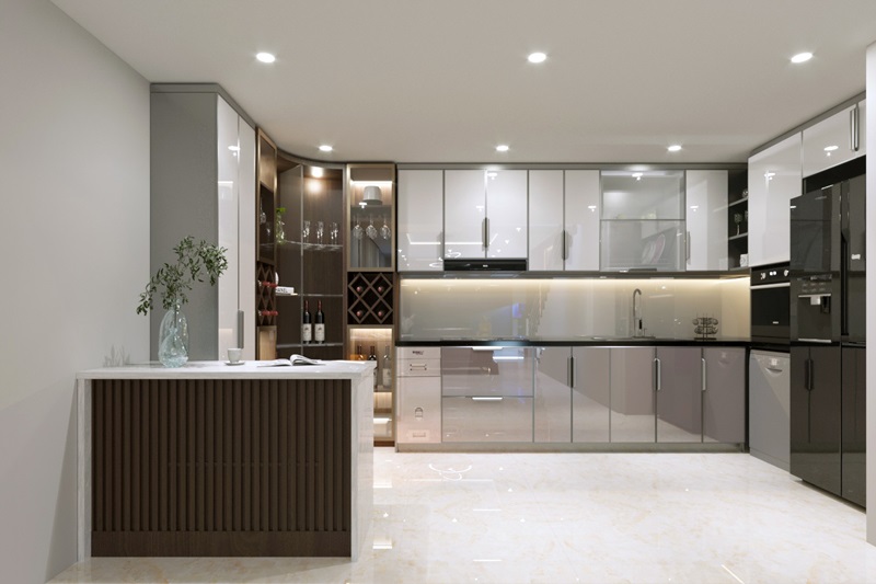 Tủ bếp cánh kính bền và dễ vệ sinh