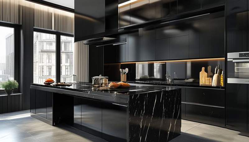 Mẫu 1: Tủ bếp kính đen bóng hiện đại