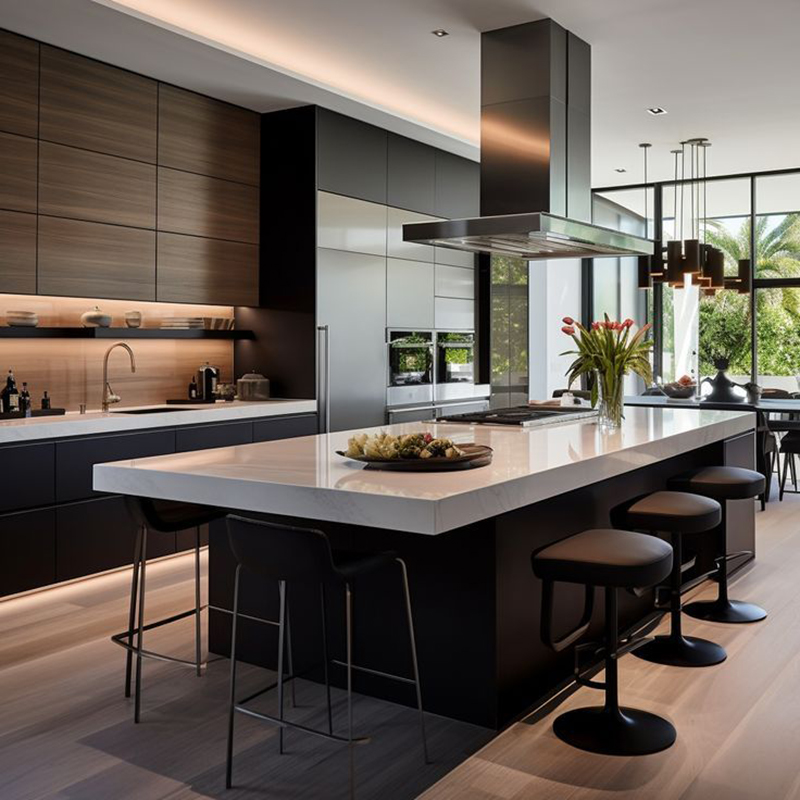 Mẫu 10: Tủ bếp kính đen thiết kế theo không gian mở