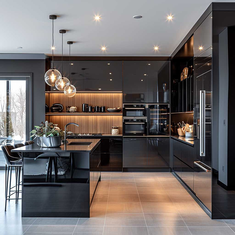 Mẫu 9: Tủ bếp kính đen phong cách luxury