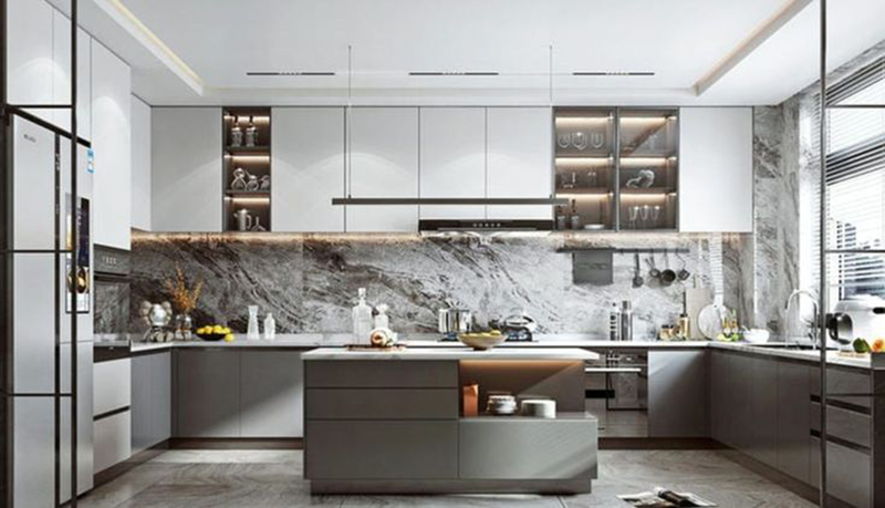 Mẫu 10: Tủ bếp cánh kính màu ghi sáng kết hợp tủ rượu trang trí