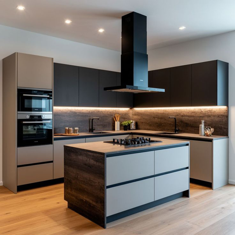 Mẫu 11: Tủ bếp cánh kính màu ghi sáng phong cách tối giản