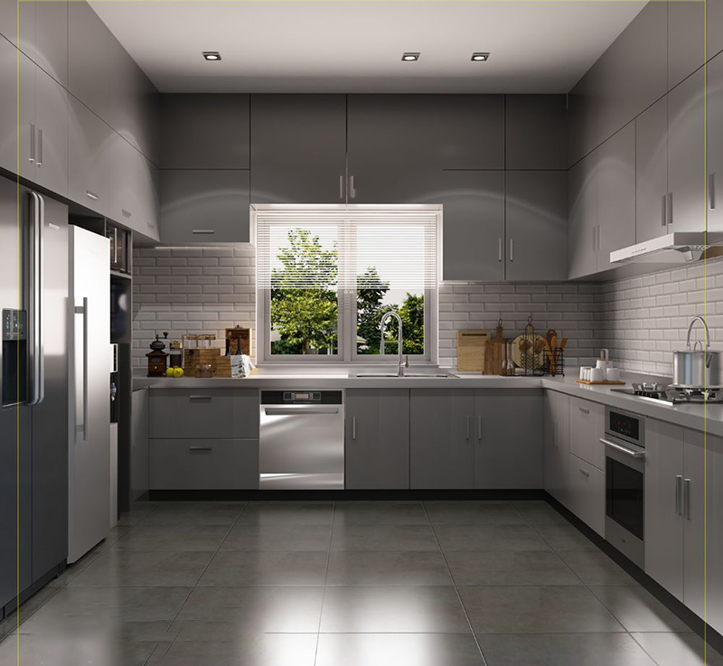 Mẫu 13: Tủ bếp cánh kính màu ghi sáng tối ưu lưu trữ