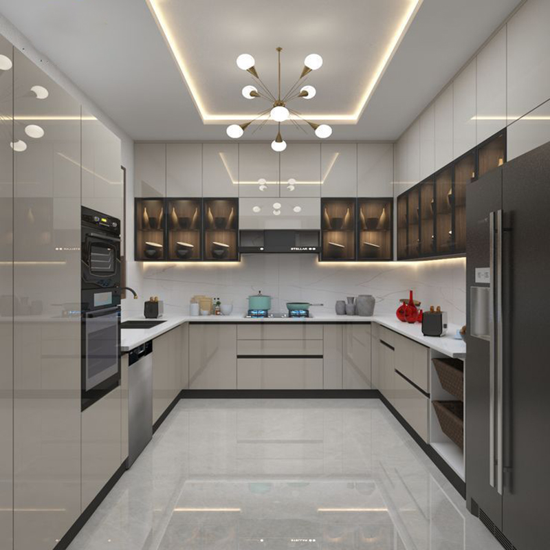 Mẫu 2: Tủ bếp cánh kính màu ghi sáng kịch trần