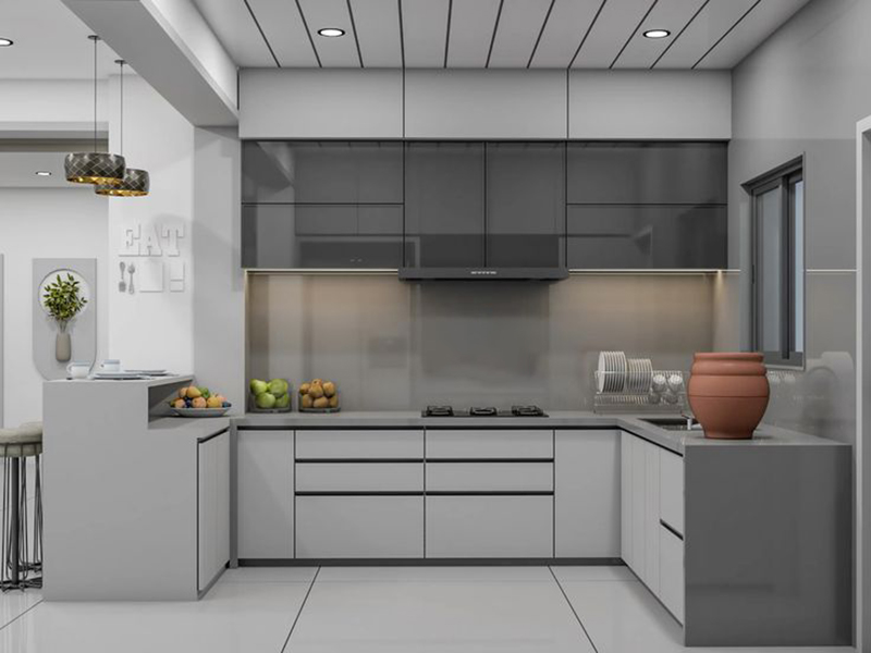 Mẫu 3: Tủ bếp cánh kính màu ghi sáng cho chung cư nhỏ