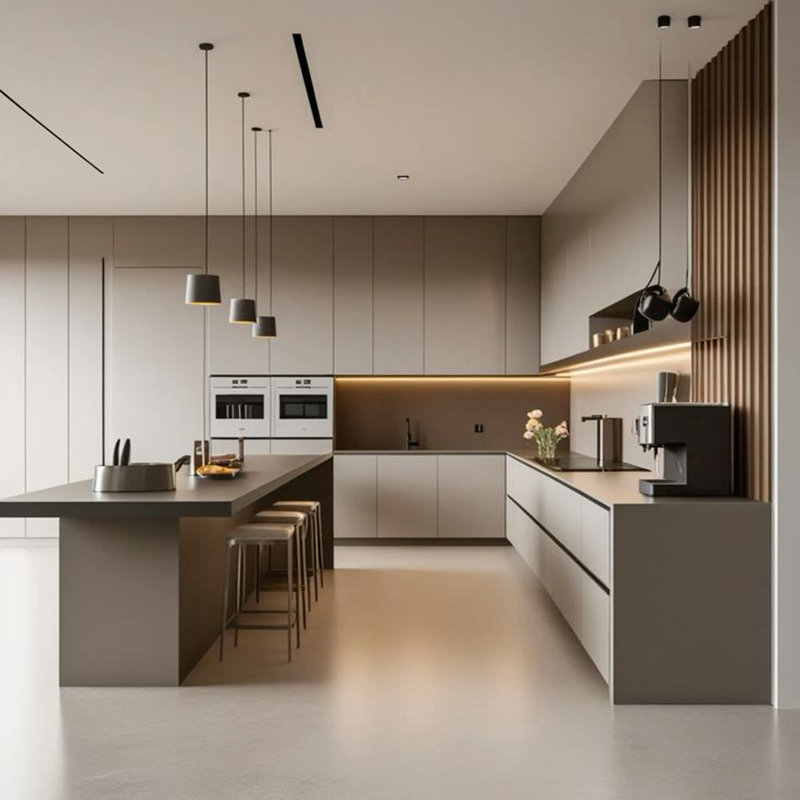 Mẫu 6: Tủ bếp cánh kính màu ghi sáng kết hợp quầy bar