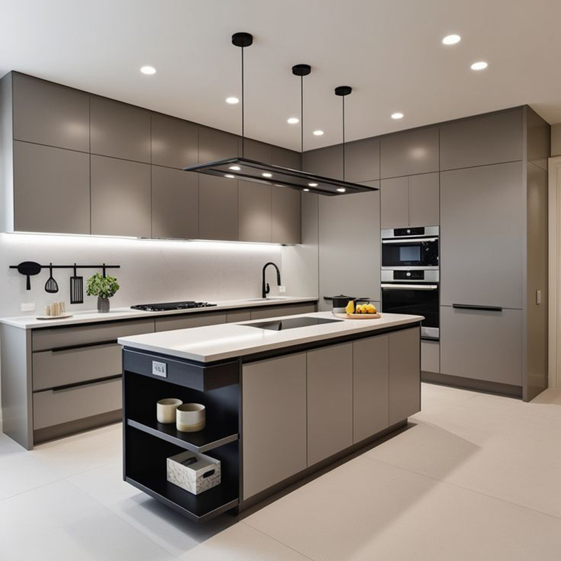 Mẫu 7: Tủ bếp cánh kính màu ghi sáng có bàn đảo