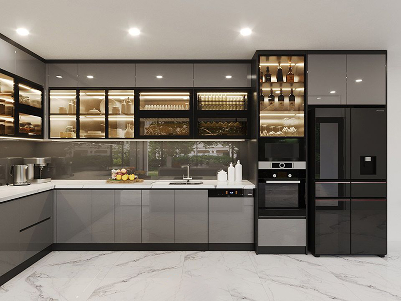 Mẫu 1: Tủ bếp cánh kính màu ghi nhạt hiện đại