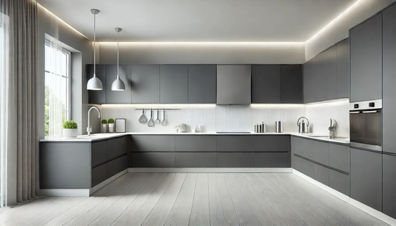 Mẫu 13: Tủ bếp cánh kính màu ghi thiết kế theo thói quen sinh hoạt gia đình