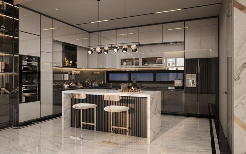 Mẫu 3: Tủ bếp cánh kính màu ghi kết hợp mặt đá trắng vân mây