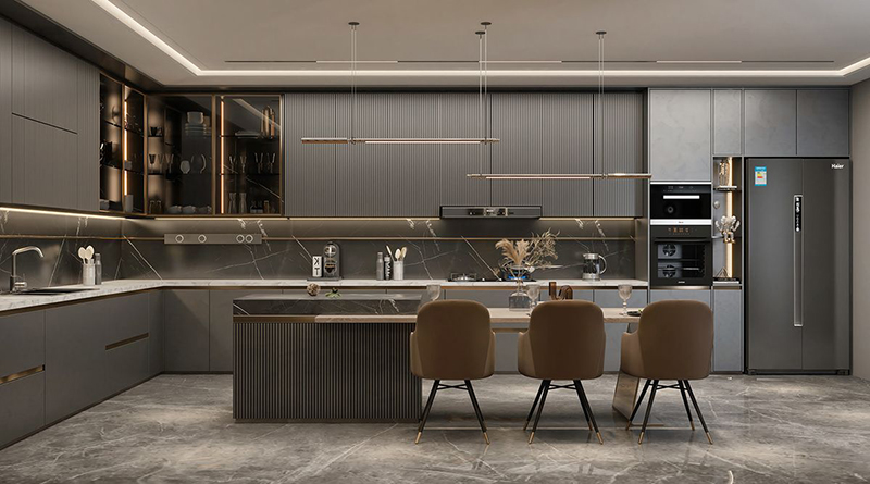 Mẫu 4: Tủ bếp cánh kính màu ghi chữ L