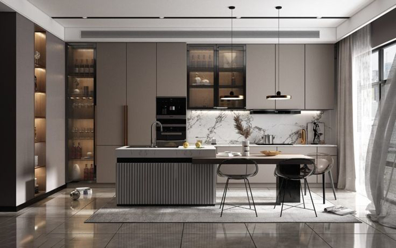 Mẫu 5: Tủ bếp cánh kính màu ghi chữ I gọn gàng