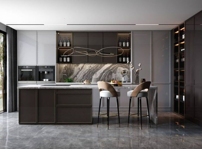 Mẫu 6: Tủ bếp cánh kính màu ghi kịch trần