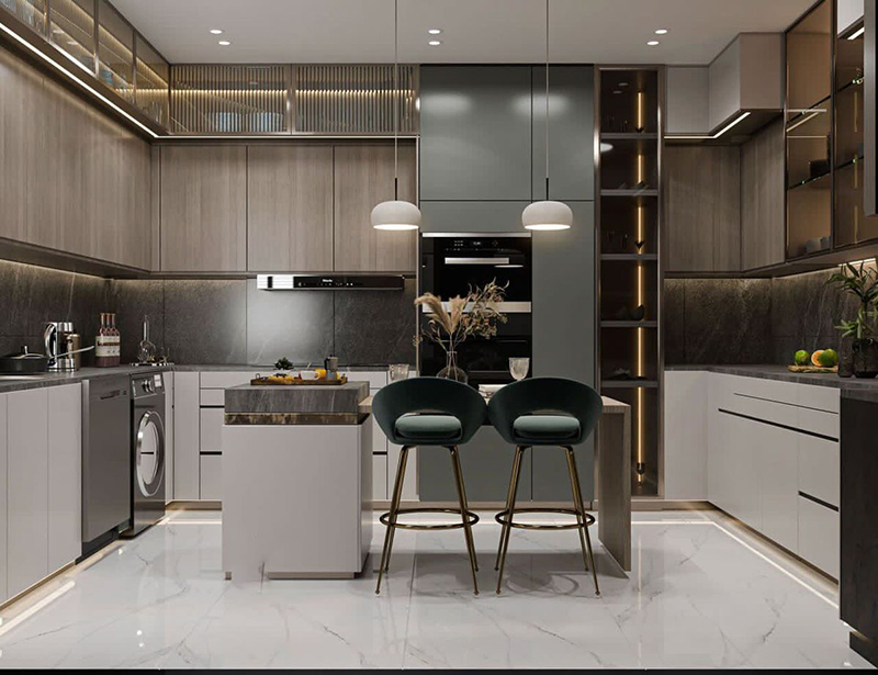 Mẫu 7: Tủ bếp cánh kính màu ghi tay nắm âm tối giản