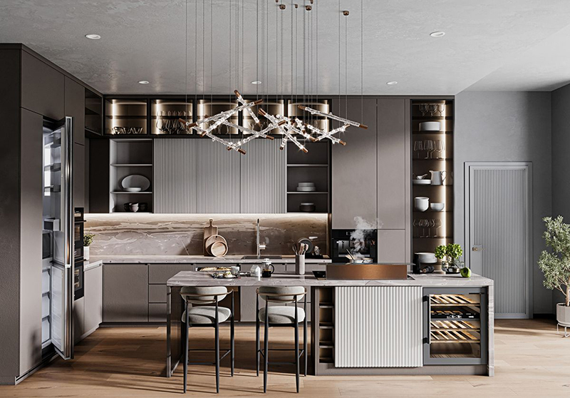 Mẫu 8: Tủ bếp cánh kính màu ghi kết hợp bàn đảo