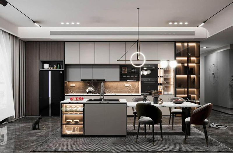 Mẫu 9: Tủ bếp cánh kính màu ghi phối kính ốp bếp sáng màu