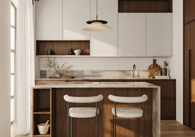 Mẫu 6: Cánh kính màu gỗ phối mặt đá sáng