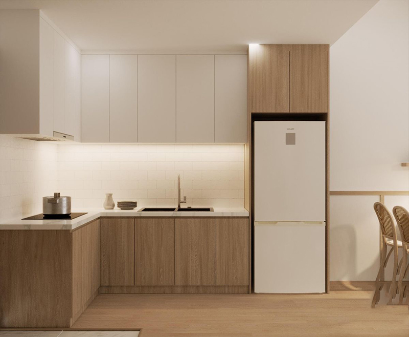 Mẫu 7: Cánh kính màu gỗ với tay nắm âm