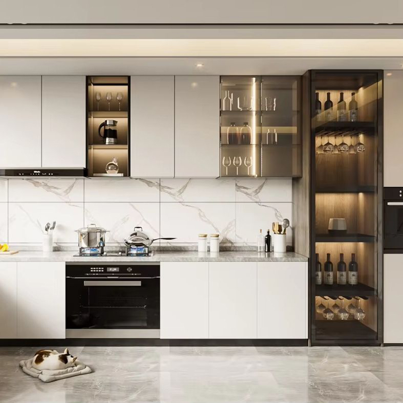 Mẫu 10: Tủ cánh kính trắng kết hợp tủ rượu