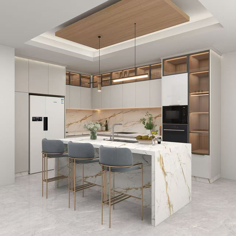 Mẫu 6: Tủ bếp trắng kết hợp quầy bar