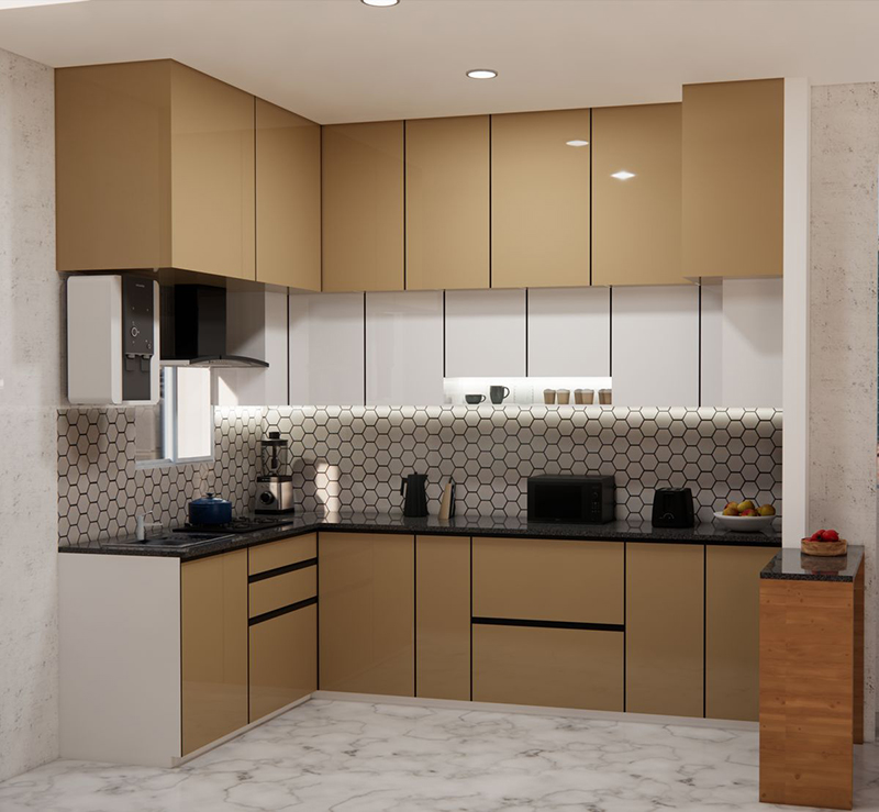 Mẫu 1: Tủ bếp cánh kính màu vàng champagne hiện đại