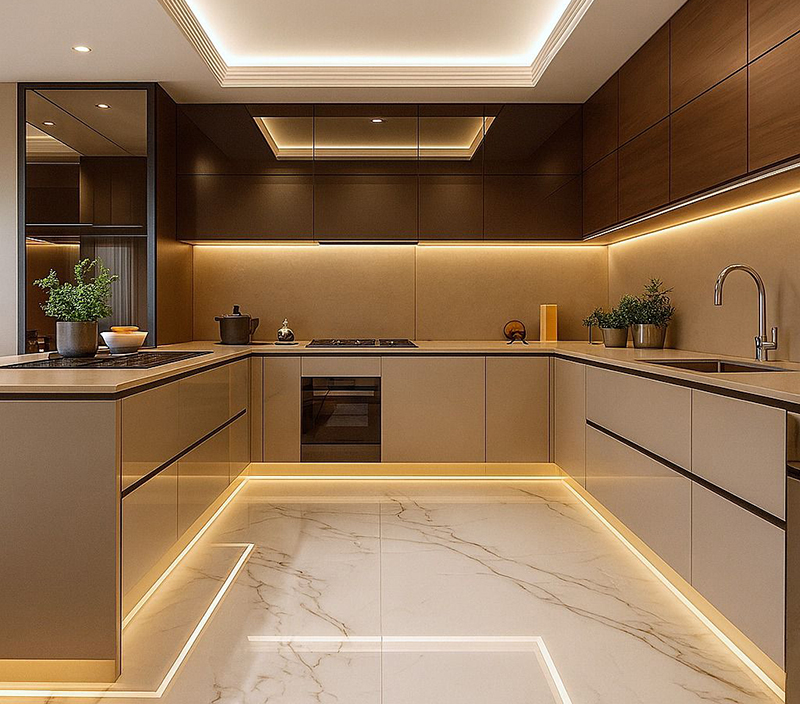 13 mẫu tủ bếp cánh kính màu vàng sang xịn, đẹp nhất 2026