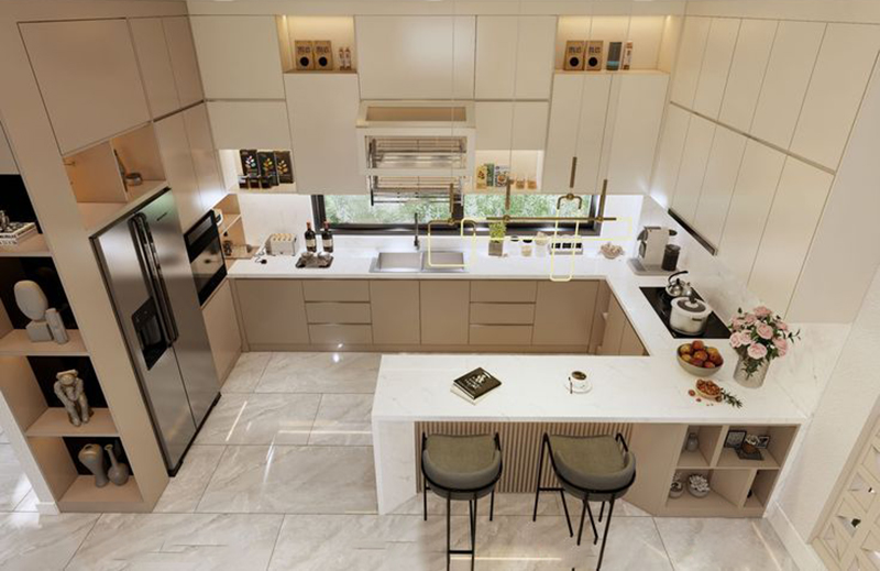 Mẫu 13: Tủ bếp cánh kính màu vàng tối ưu lưu trữ cho gia đình đông người