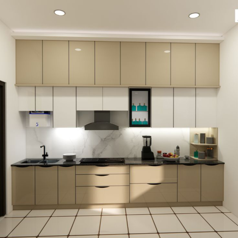 Mẫu 2: Tủ bếp cánh kính màu vàng nhạt cho không gian nhỏ