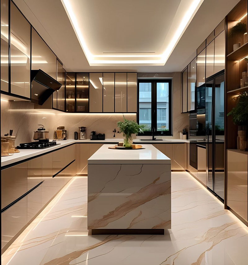 Mẫu 7: Tủ bếp cánh kính màu vàng có bàn đảo trung tâm