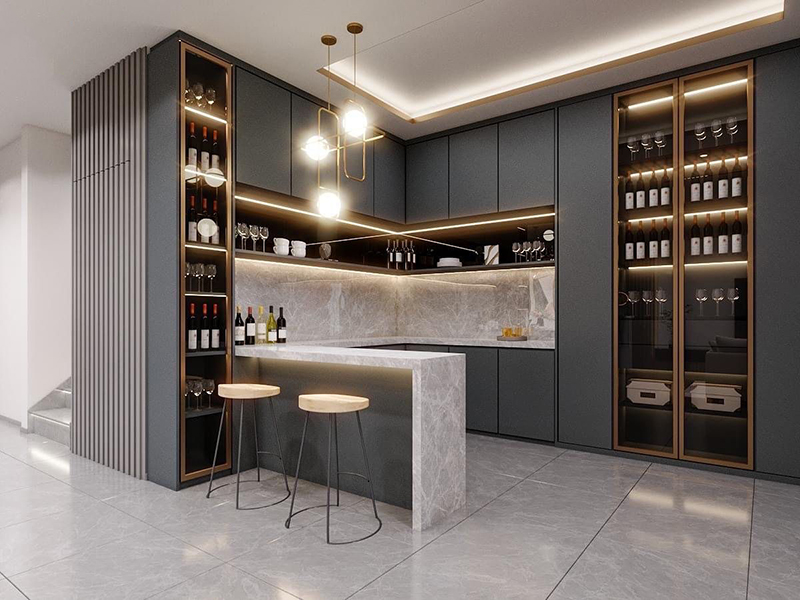 Mẫu 5: Xám kết hợp quầy bar liền bếp