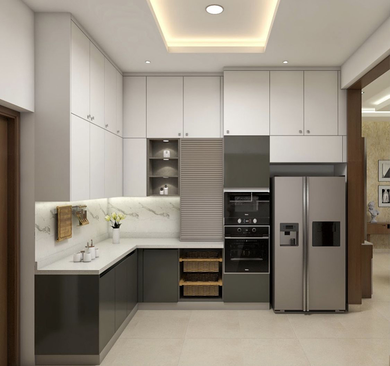 Mẫu 8: Xám kết hợp kính ốp bếp sáng màu