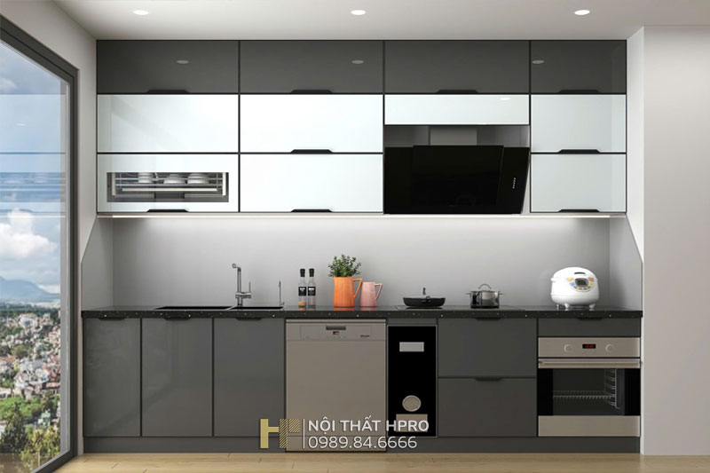 Mẫu tủ bếp cánh kính TBCK03 chữ I thùng inox304 sơn tĩnh điện
