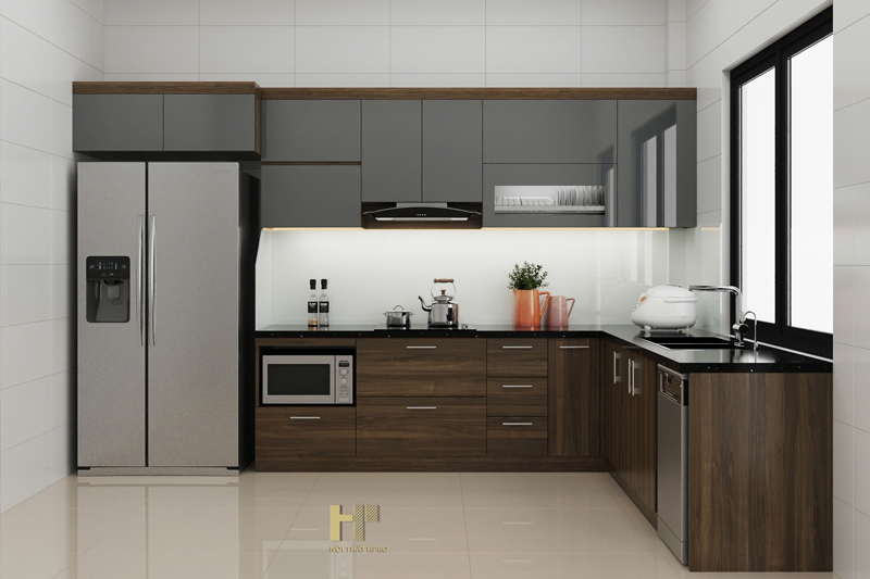 Mẫu tủ bếp cánh kính TBCK09 kết hợp Melamine chữ L