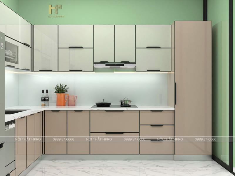 Tủ bếp cánh kính TBCK13 thùng Inox 304 bề mặt sần caro