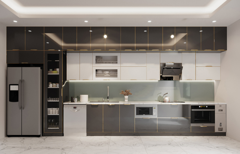 Tủ bếp cánh kính bao gồm 3 phần chính là thùng tủ, cánh tủ và các phụ kiện đi kèm