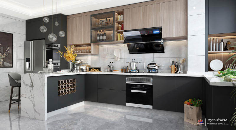 Tủ bếp là một phần không thể thiếu trong phòng bếp, và thiết kế tủ bếp tiện nghi sẽ giúp bạn tạo ra một không gian tiện lợi và thẩm mỹ. Hình ảnh này cho thấy một mẫu tủ bếp được thiết kế đơn giản nhưng tối ưu không gian và tích hợp các chức năng đa dạng để giúp bạn lưu trữ đồ dùng nhà bếp một cách thông minh.