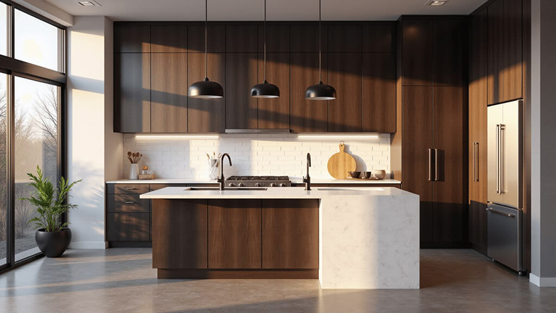 Mẫu 4: Tủ bếp dưới tone walnut luxury